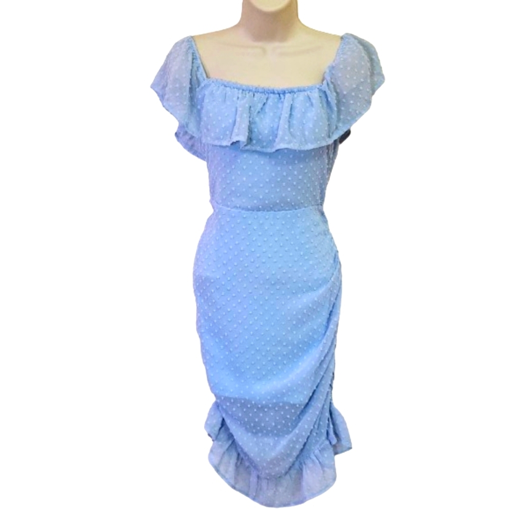Eilly Bazar Light Blue Raised Dot On/Off Shoulder Ruffle Ruched Dress,Large